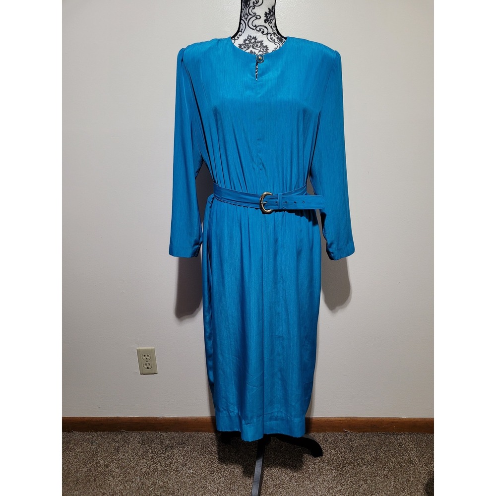 Heury Lee Midi Dress‎ Women 14 Turquoise Blue Vintage 80s Belted